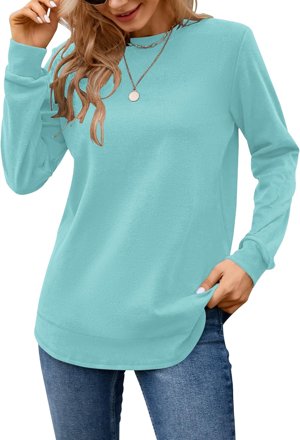 MISFAY Sweatshirts for Women Casual Long Sleeve Shirts Crewneck Tops | Soft stretchy material Lightweight but warm, Curved hem helps hide the belly area, Tunic length with leggings