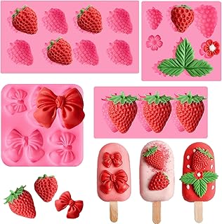 JOERSH 4PCS Strawberry Fondant Molds, Bow Fondant Silicone Molds, Fruit Baking Mold for Cake Decorating, Cupcake Topper, Chocolate, Candy, Candle, Clay
