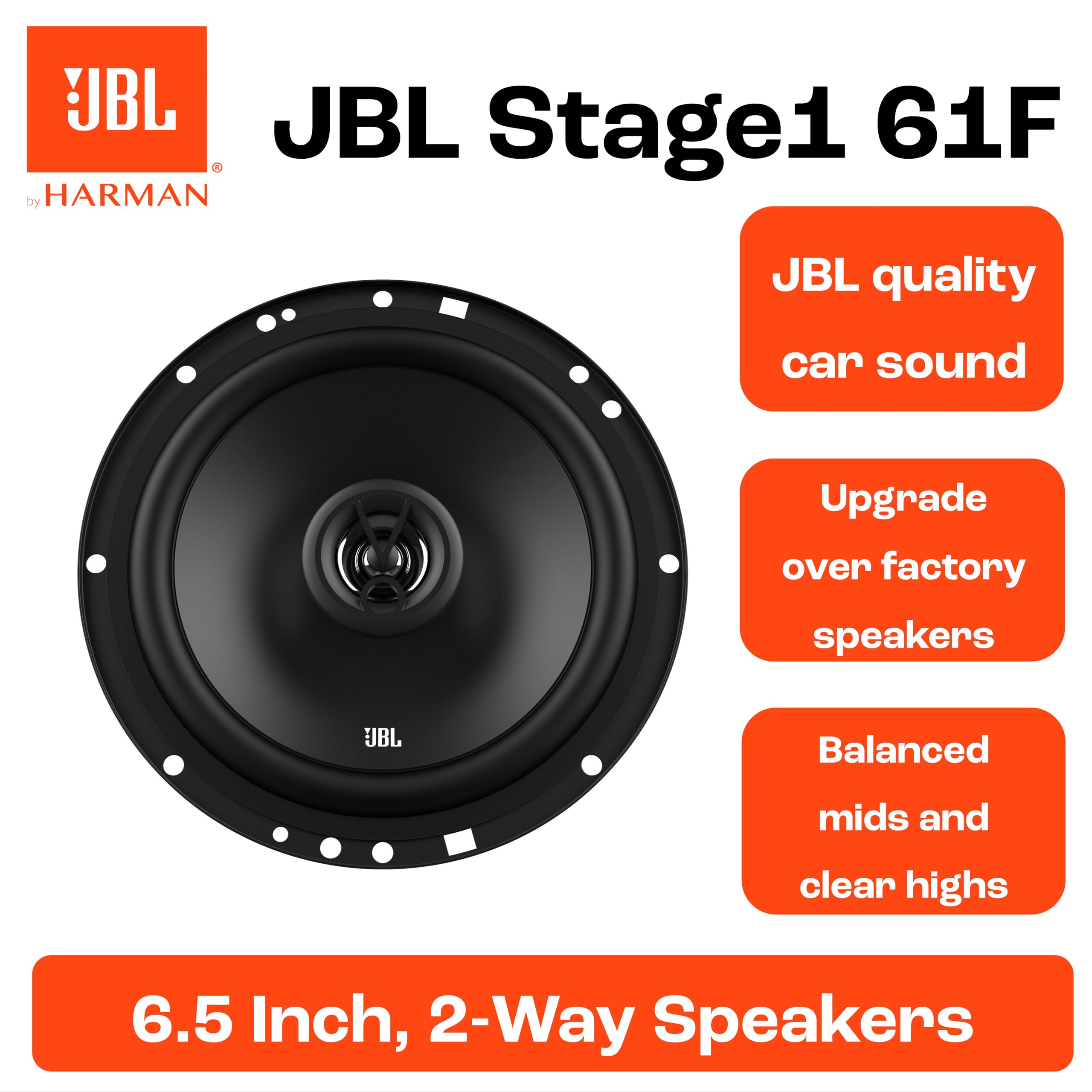 JBL Stage1 61F Juego de Altavoces Coche de 2 vías de Harman Kardon - Echo Auto de 200 Vatios 40 Vatios RMS - Caja Alta fidelidad para automóvil de 2 Piezas Grande 16,5cm | 165mm | 6,5 Pulgadas