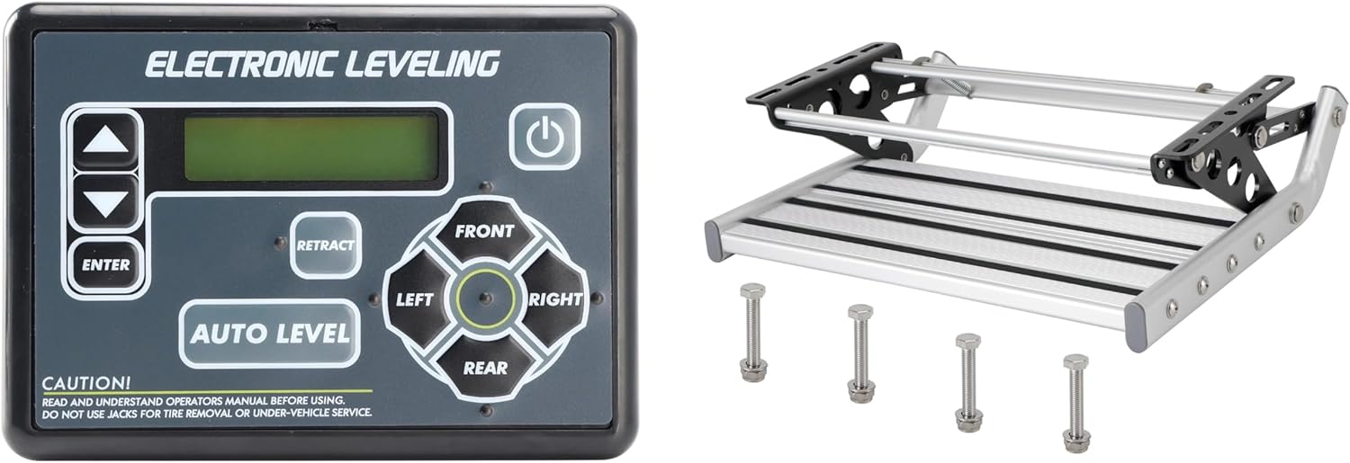 Precision Leveling & Easy Access Bundle: Electronic Leveling Touchpad for Lippert RV & Folding Step Pedal for Motorhomes