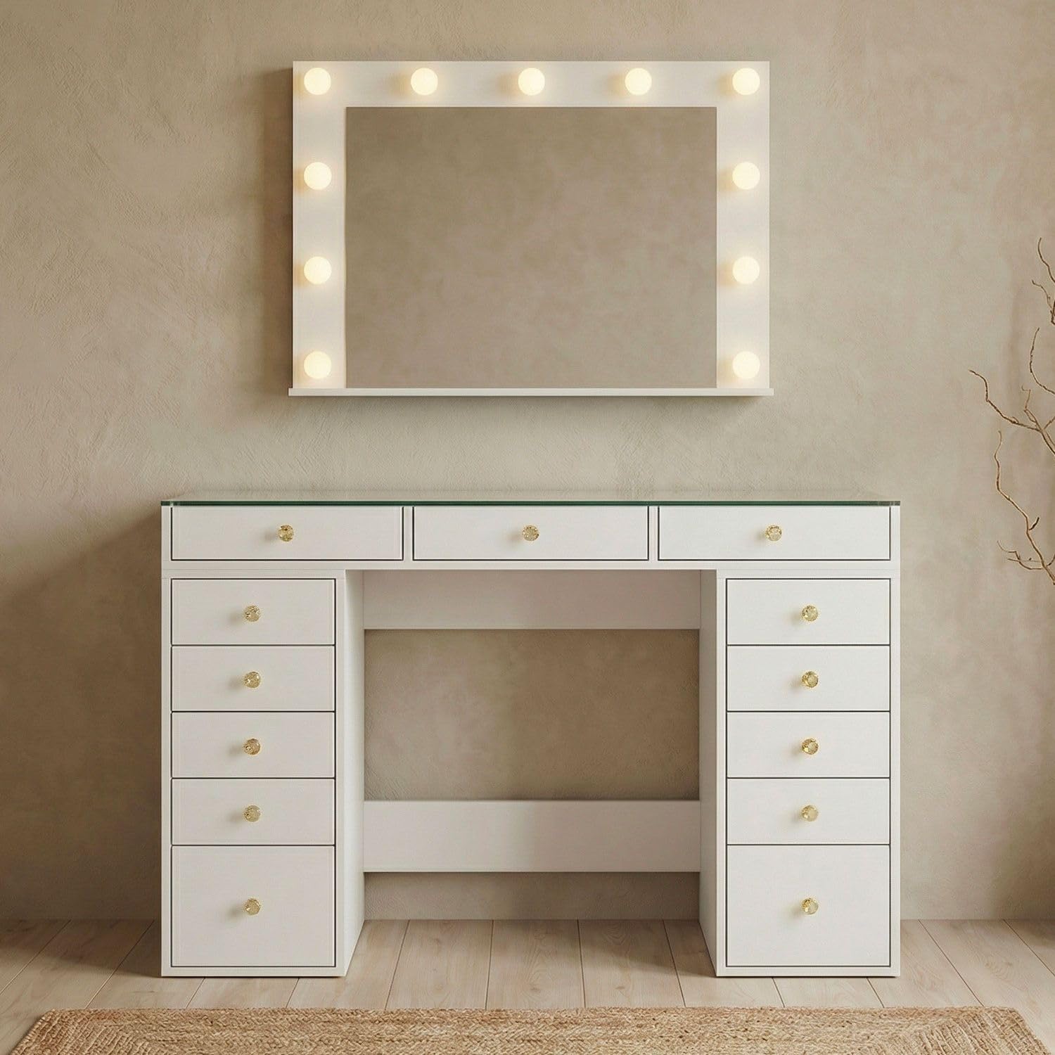 Menzzo Coiffeuse Probeauty 120 cm avec Miroir LED Lumineux – 13 tiroirs – Plateau en Verre – Table de Maquillage Design Moderne avec Grand Rangement – Meuble Coiffeuse Blanc