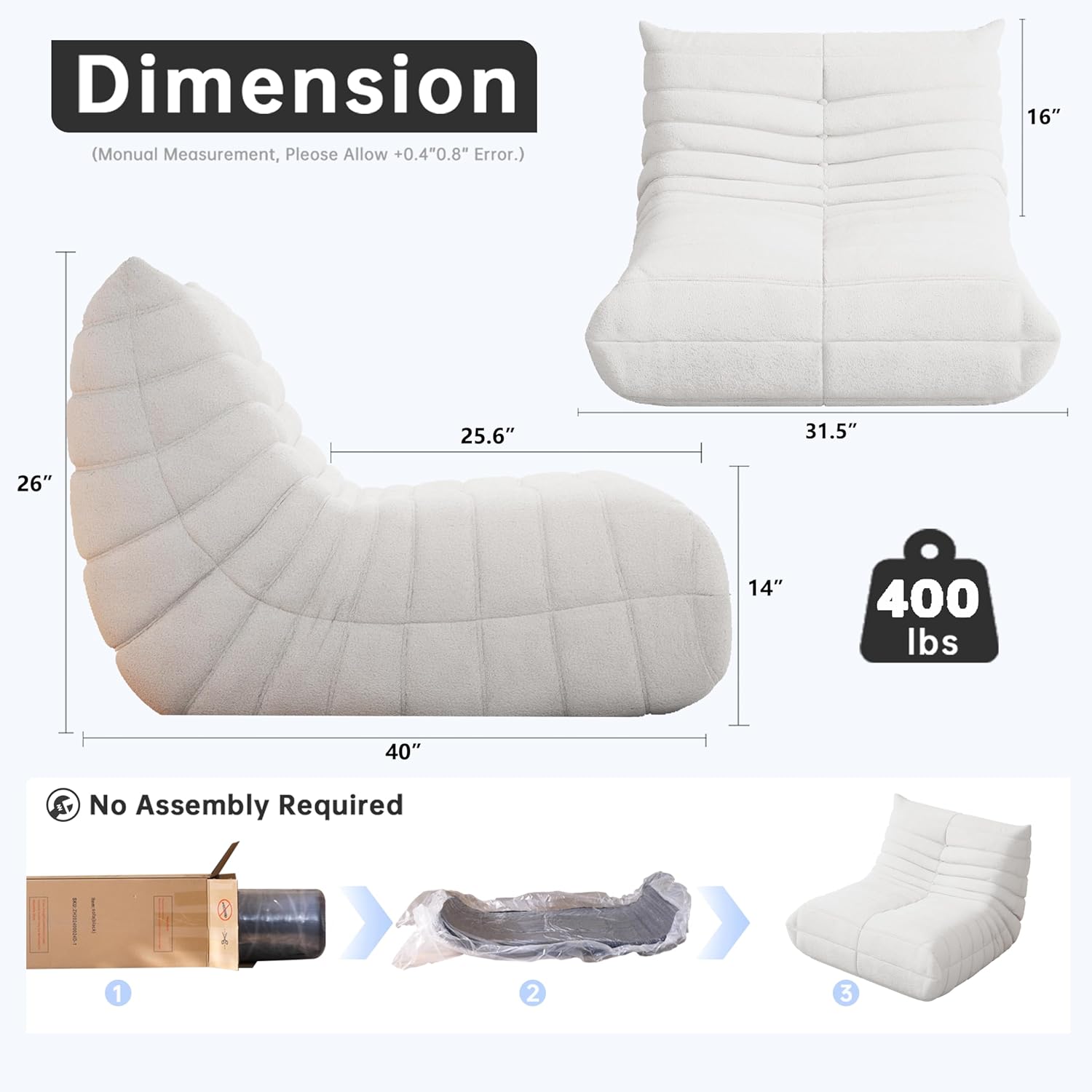 bean bag chairs for adults, beanbag reading chair memory foam couch, floor chair soft teddy material, comfy reading nook chairs for bedroom living room office (white) single white