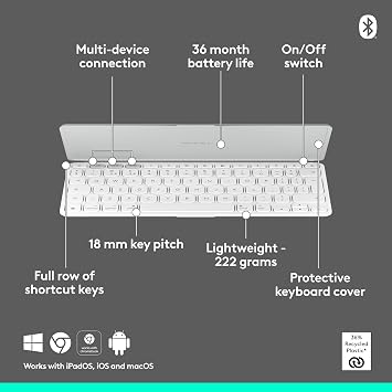 Logitech Keys-To-Go 2 Portable Wireless iPad Keyboard | Built-in Cover, Slim, Compact Wireless Keyboard for iPad, iPhone, Mac, Apple TV, Device Switch, QWERTY UK Layout - Pale Grey