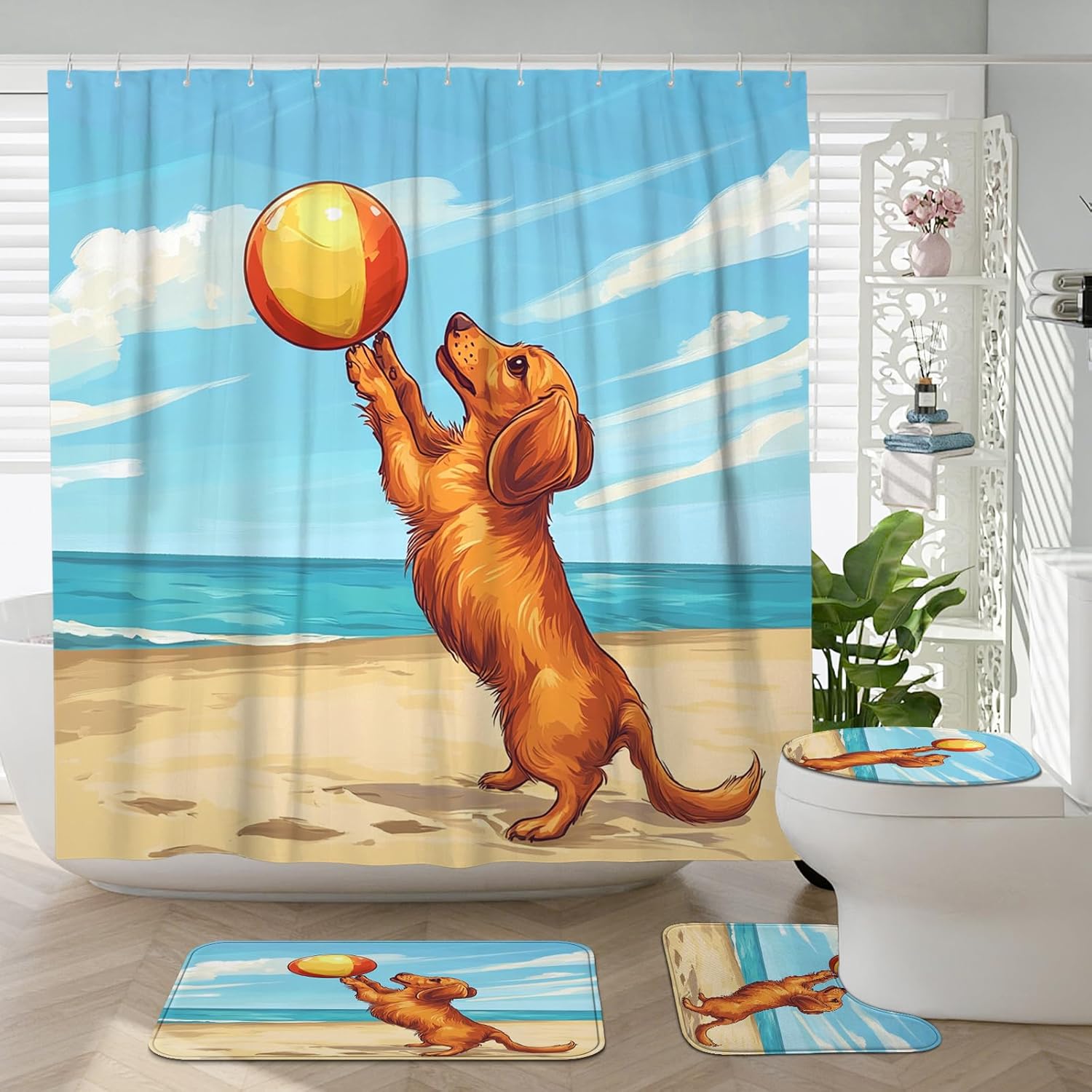 4PCS Dachshund Dog Bathroom Accessory Sets with Non-Slip Rug, U Shape and Toilet Lid Cover Mat, Funny Puppy Beach Cartoon Kids Bathroom Decorative-72''x72''