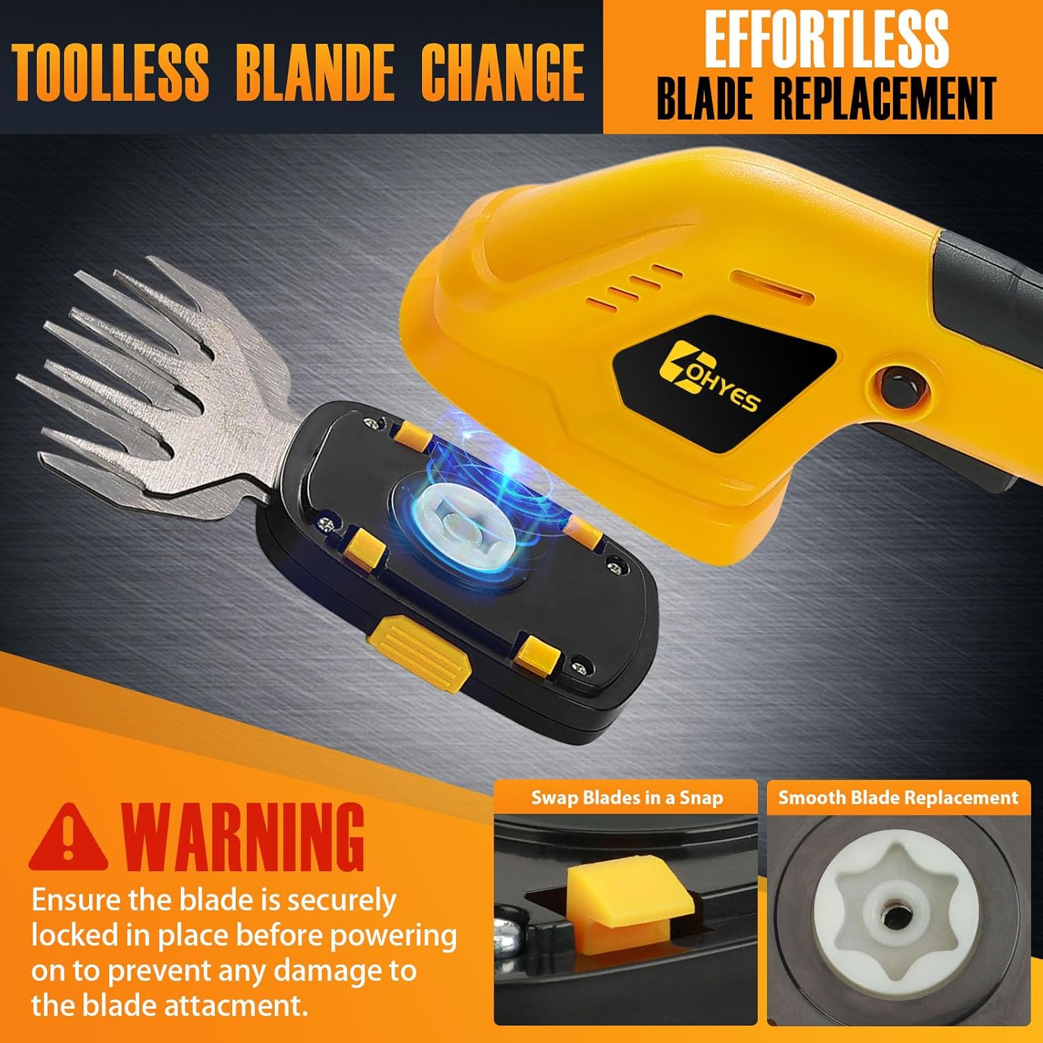 Toolless blade change mechanism on ohyes trimmer