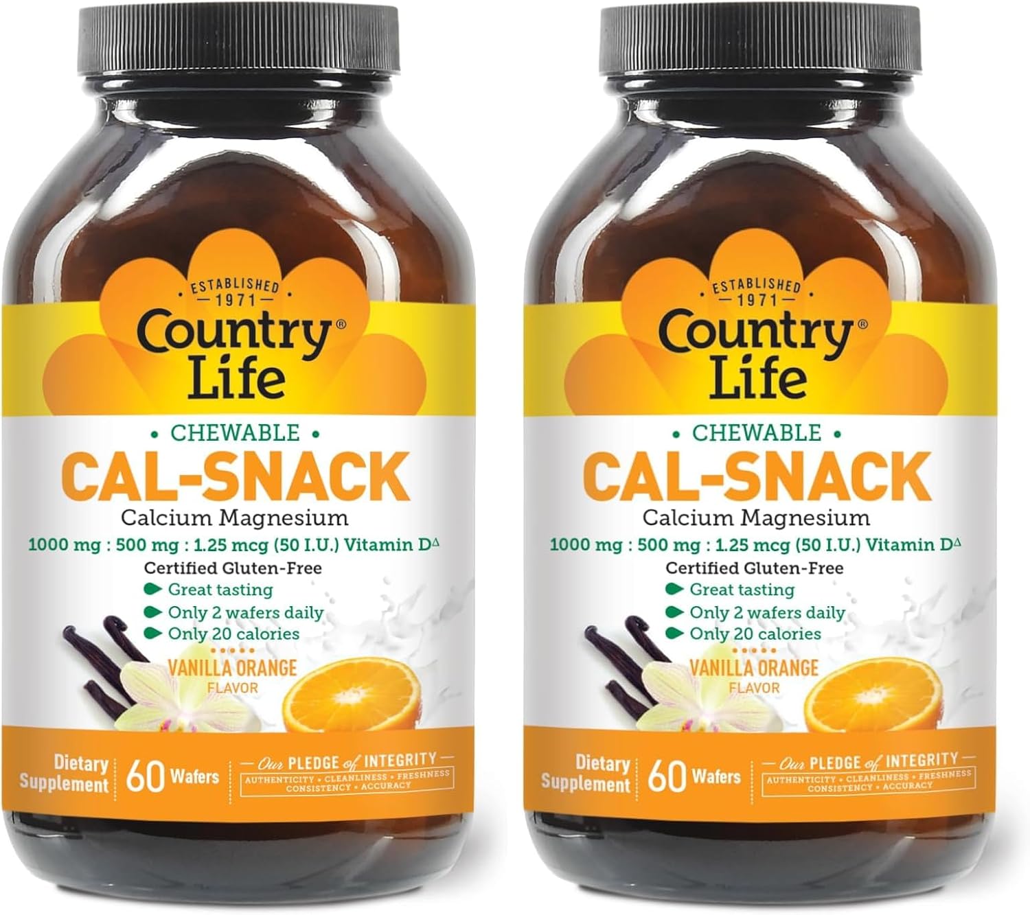 Country Life Cal-Snack, Chewable Calcium, Magnesium with Vitamin D, 1000mg/500mg/50 IU, Dairy-Free, Vanilla Orange Flavor, 60 Wafers, Certified Gluten Free, Certified Vegan (Pack of 2)