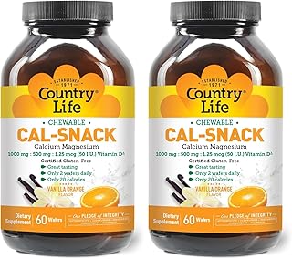 Country Life Cal-Snack, Chewable Calcium, Magnesium with Vitamin D, 1000mg/500mg/50 IU, Dairy-Free, Vanilla Orange Flavor, 60 Wafers, Certified Gluten Free, Certified Vegan (Pack of 2)