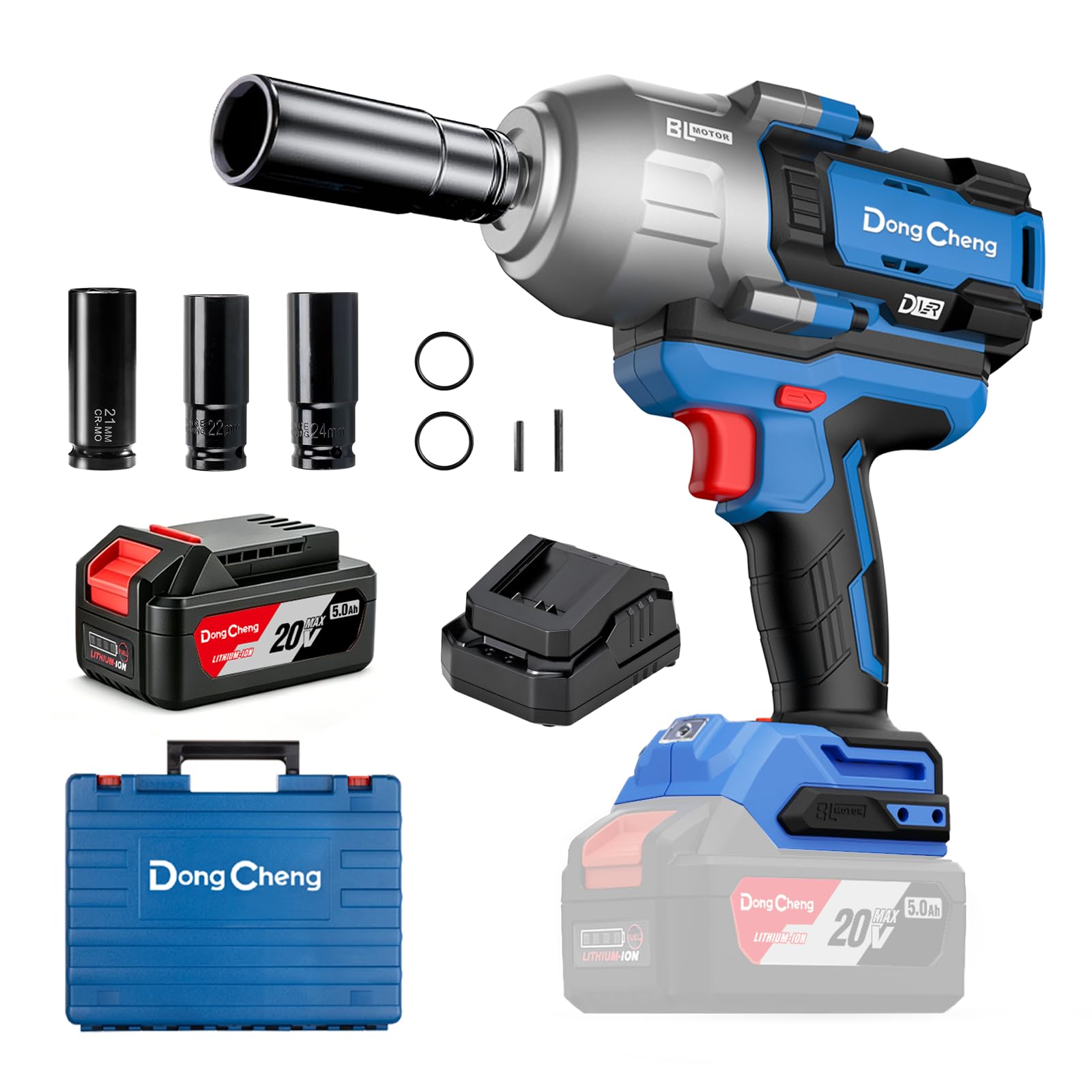 DongCheng Llave de impacto a batería, 1700 Nm Incluye 1 batería 5Ah | sin escobillas 1/2" , 3 velocidades , cargador rápido, 3 dados y maletín. Para reparación de camiones y maquinaria pesada