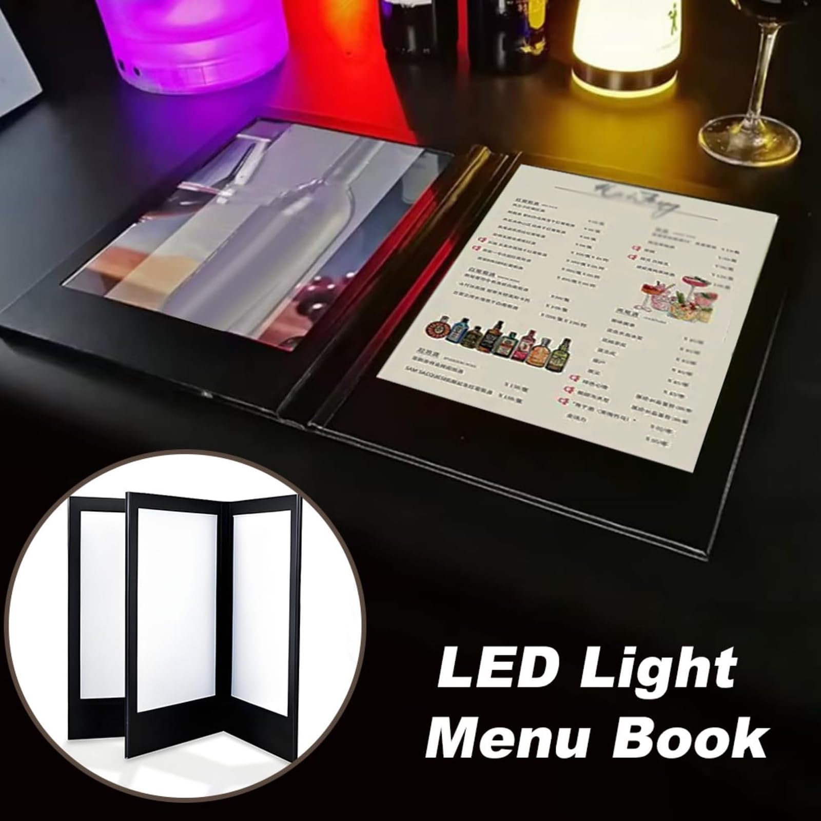 Cubiertas de Menú Luminosa A4/A5, Libro de Menú con Luz LED Recargable, Soporte de Exhibición Iluminado Plegable de Tres Paneles y Cuatro Lados, Textura de Cuero, Expositor para Bares de Restauran A4