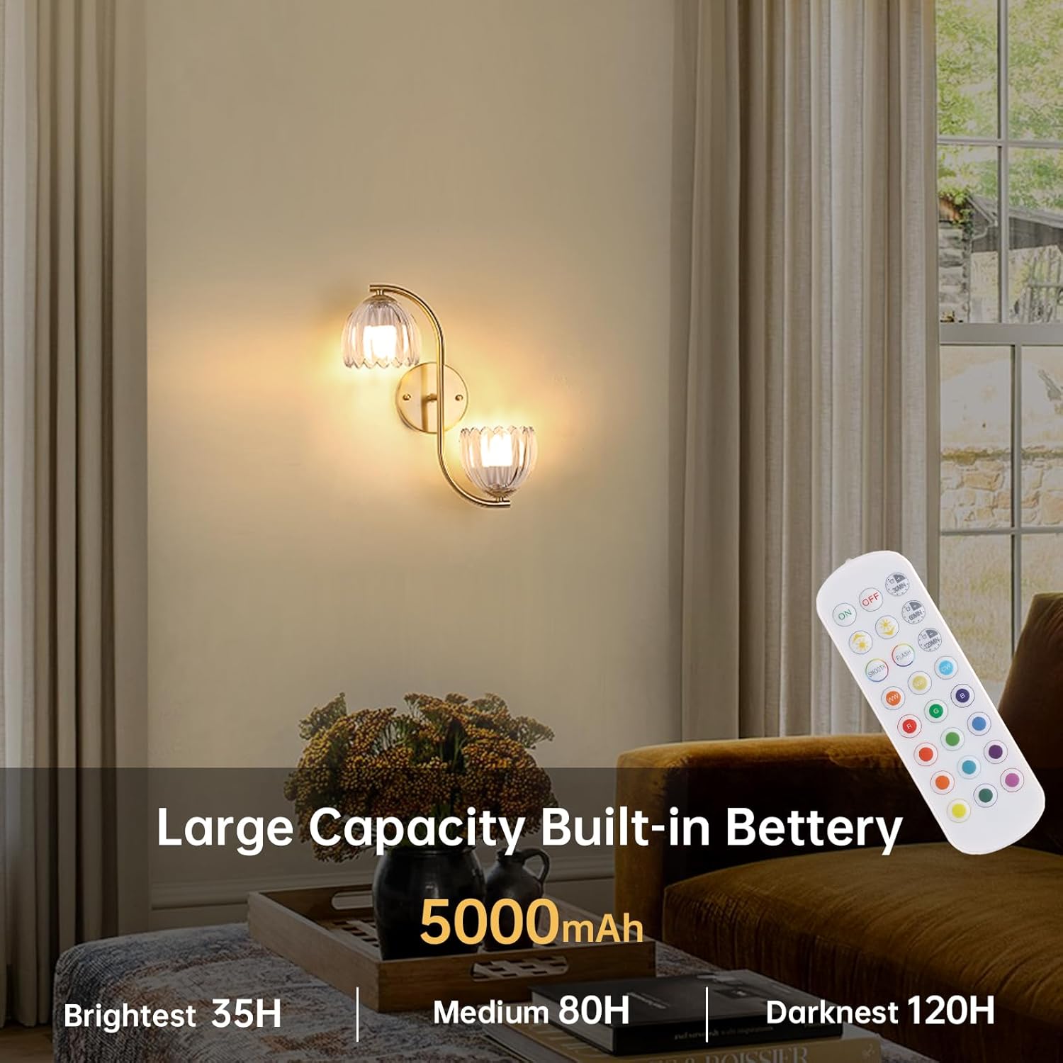 battery operated wall sconce, 2-lights vinatge brass wall lighting up and down with clear tulip shade for living room, bedroom tulip-clear 1 1 pack