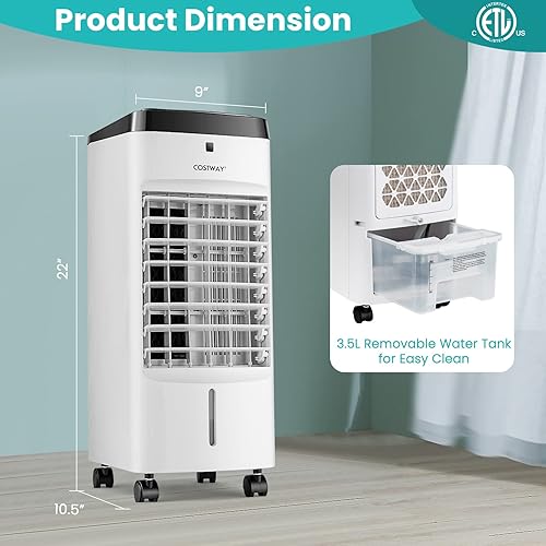 Miniatura 9 de COSTWAY Enfriador de aire evaporativo, enfriador silencioso 3 en 1 con control remoto, oscilación de 70, 4 modos, temporizador de 12 horas, tanque