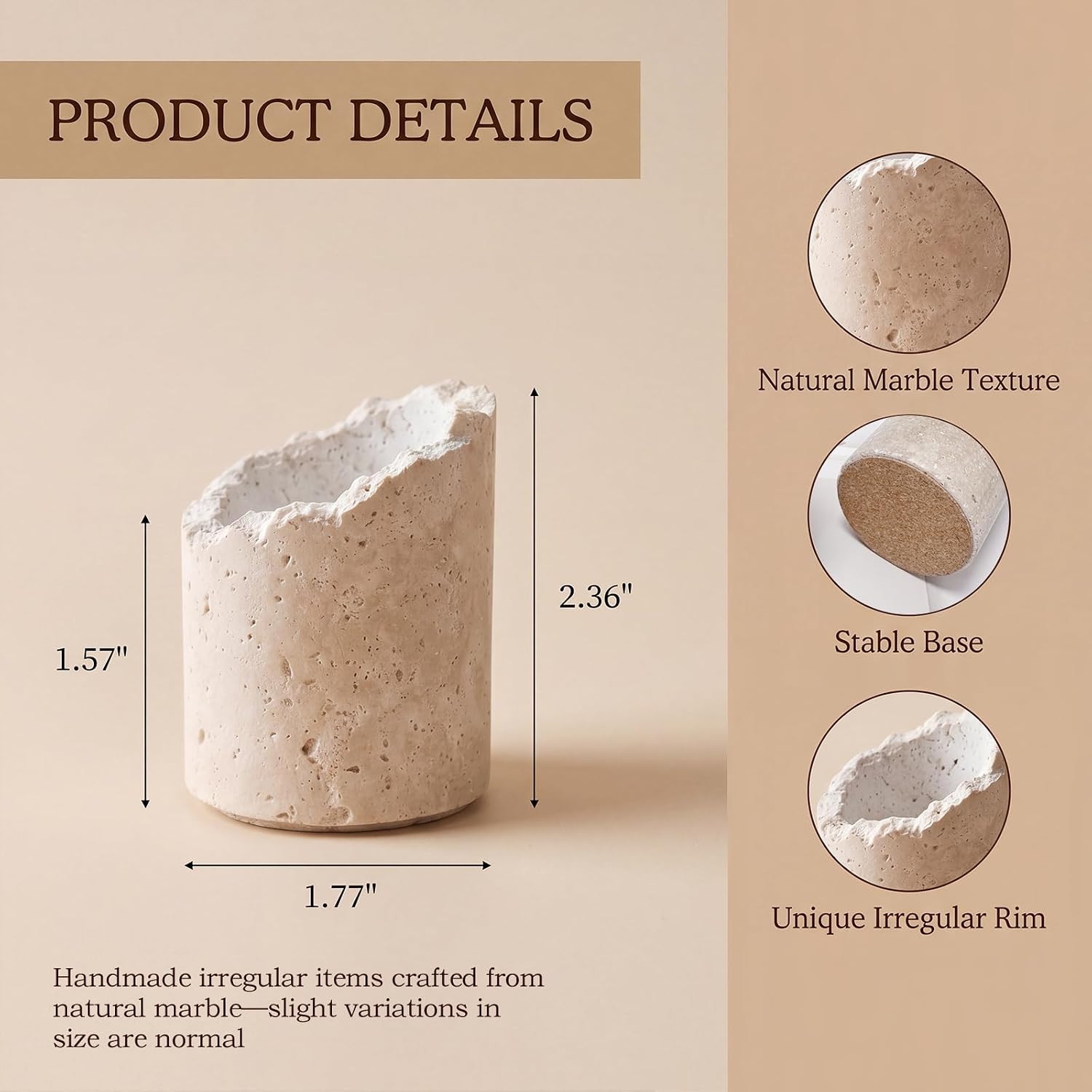Natural Travertine Stone Match Holder with Striker, Irregular Raw Edge Decorative Match Storage Jar, Matchstick Container for Candle Lovers Bathroom Home Decor - Set of 2 (Matches Not Included)