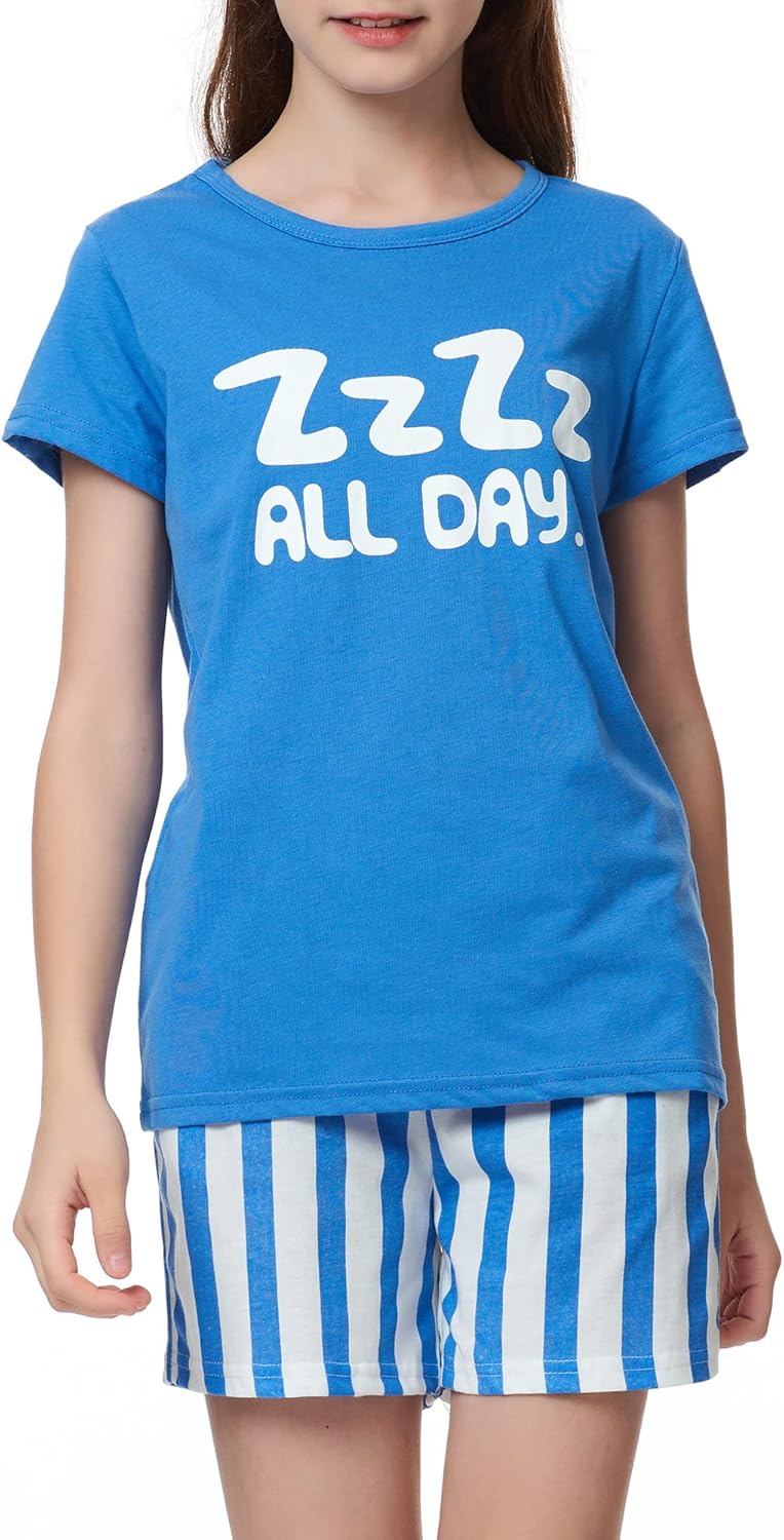 Summer Pajamas for Girls – Stripe White PJS Pal Cute Jammies Set Big Girl Size 8,Blue (zzzz) - Image 2