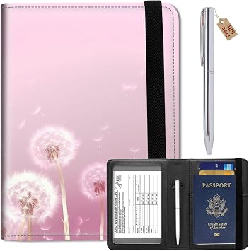 Passport Wallets and Vaccine Card Holder Slot,RFID Blocking Leather Passport Holder Book Cover Case with CDC Vaccination Card Slot,Travel Documents Organizer Protector+Metal Pen,Pink Dandelion