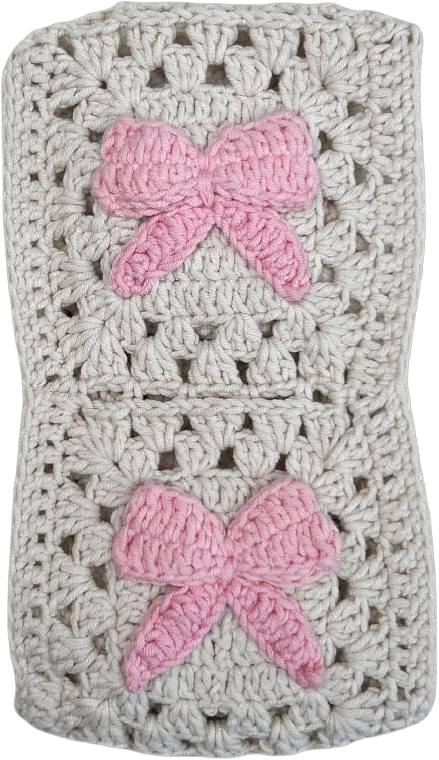 Handmade Crochet Pink Bow Cute Granny Square Car Steering Wheel Covers Universal 14-15 inch for Women and Men (Steer Wheel Cover+ 2 Belt Cover+2 Coaster)