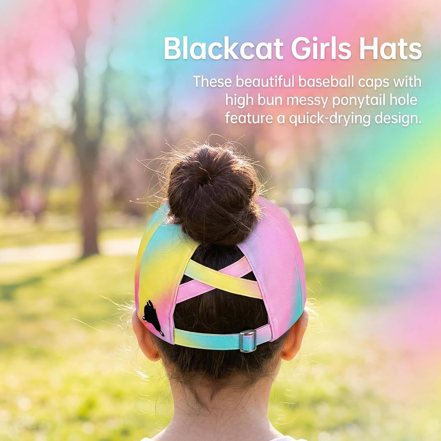 Girls Criss Cross Ponytail Hat - Cute Embroidered Black Cat Hats - Adjustable Baseball Cap for Kids Age 7-15