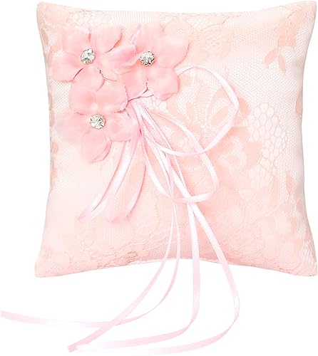 Miniatura 8 de Almohada de anillo rosa con encaje para portador de anillos de 5.9 x 5.9 pulgadas, hecha a mano con diamantes de imitación de flores, almohada para