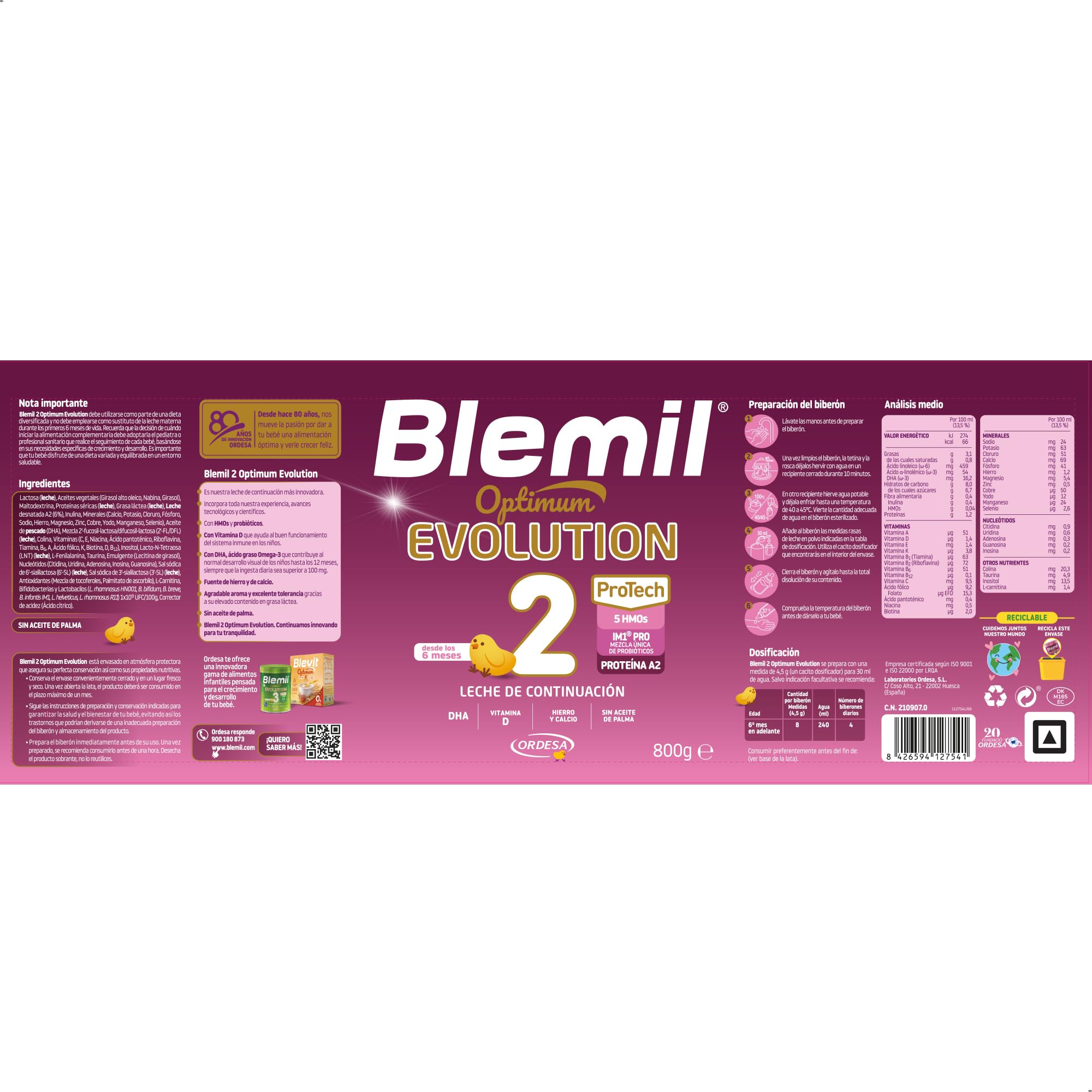 Blemil 2 Optimum Evolution | 800g | Leche de Continuación en polvo para Bebé Desde los 6 Meses