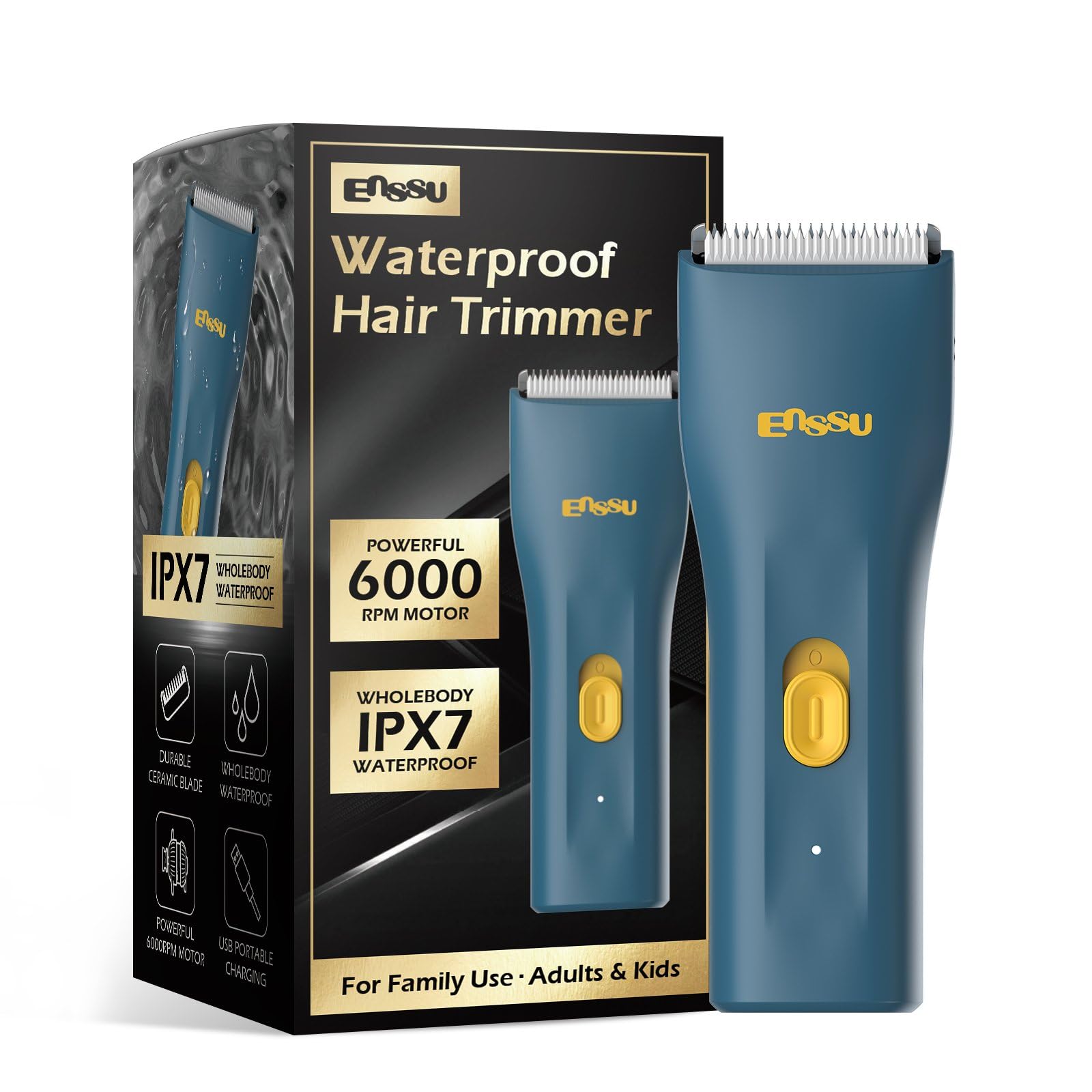 ENSSU Waterproof Cordless Hair Trimmer for Family Use - Adults and Kids - Powerful 6000 RPM Motor, Safe Trimming for Groin, Pubic, and Body Hair with Replaceable BLADELOCK™ Ceramic Blades (Blue)-image-17