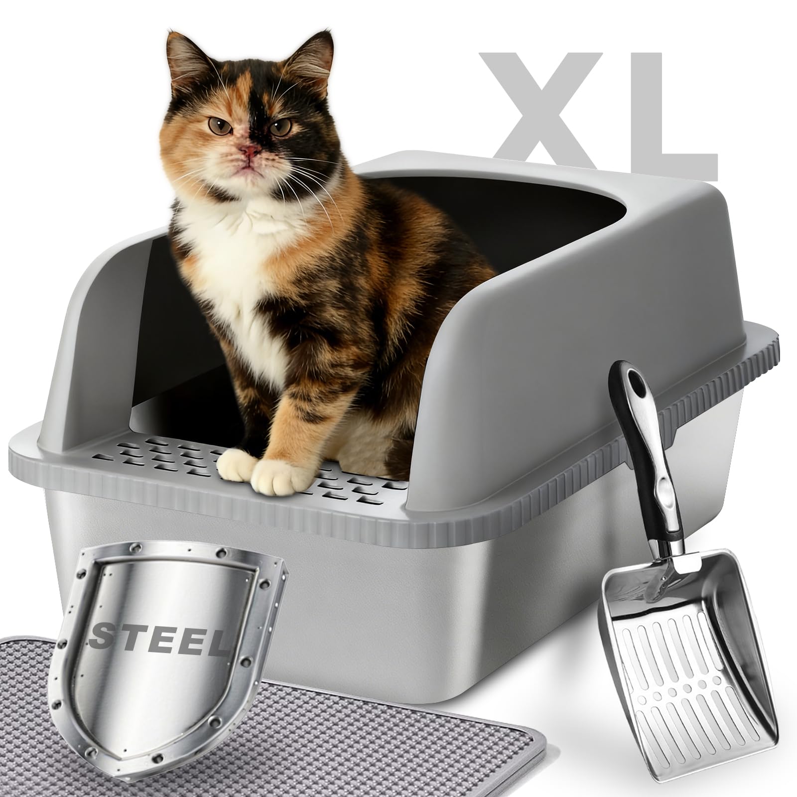 Helntova Stainless Steel Cat Litter Box with Lid, 20" L x 14.2" W x 12" H, Extra Large Enclosed Litter Box for Cats, High Sided Anti Leakage, Non-Stick, Includes Stainless Steel Scoop & Cat Mat