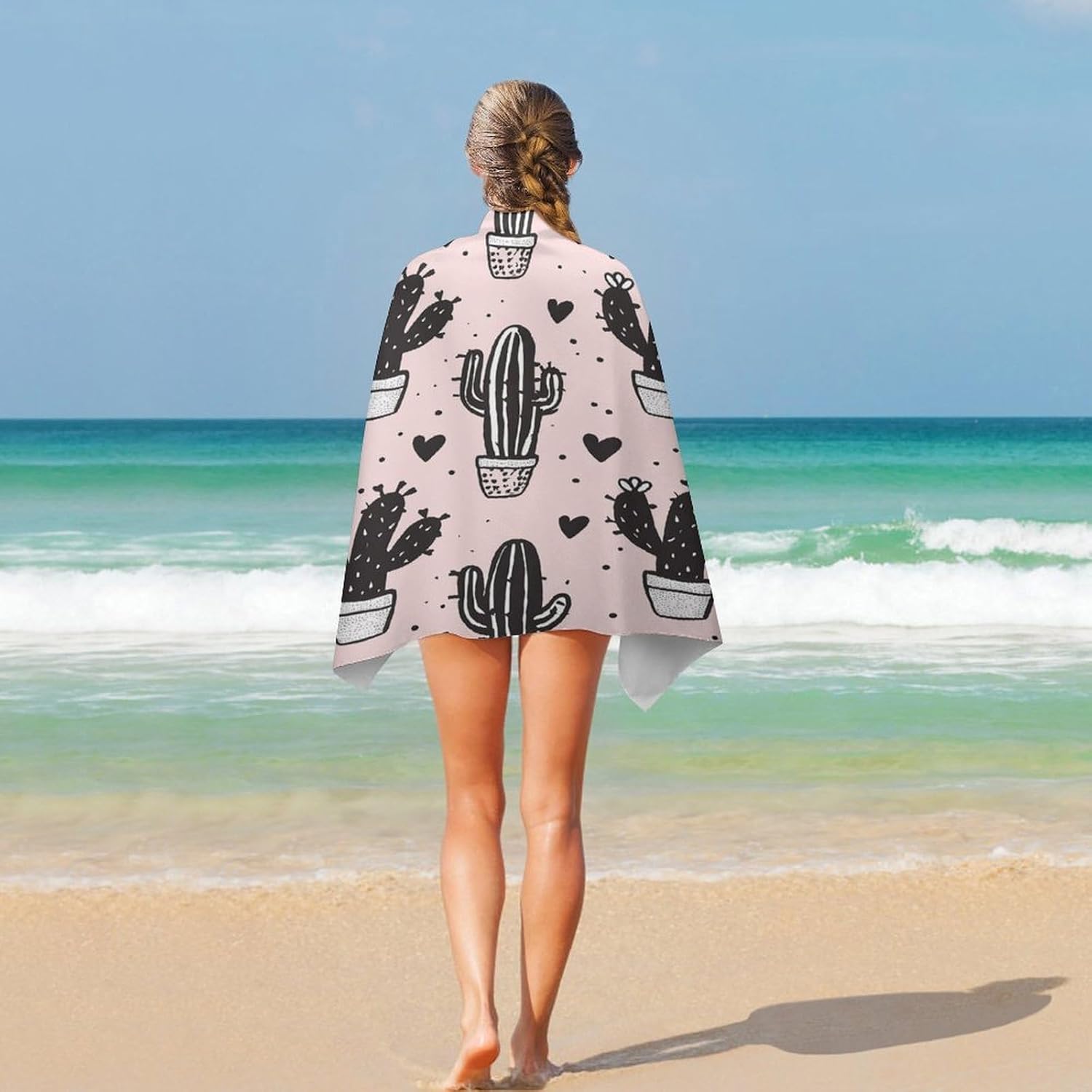 Swimming Towel, Peach Cactus Pattern Printed Fashion Towel,Portable Towel,Durable Towel