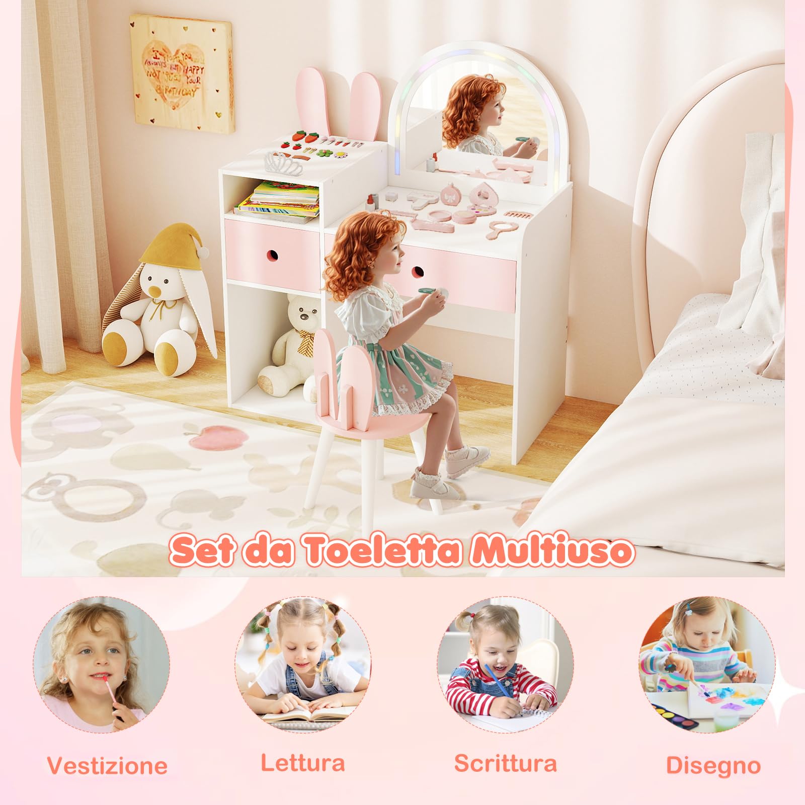 COSTWAY Toeletta Trucco per Bambina 3+ Anni con Sgabello, Tavolo Trucco in Legno Sicuro con Specchio Illuminato, Scaffali Aperti e Cassetti, Set Mobile da Principessa per Cameretta Bambina (Bianco)