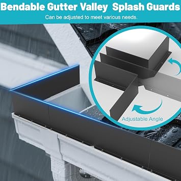 4 Pcs Gutter Valley Splash Guards, Aluminum Roofing Gutter Guard with Screws, Foldable Roof Rain Diverter for House Shingle Roofs Corner, Valley, or Straight, Black