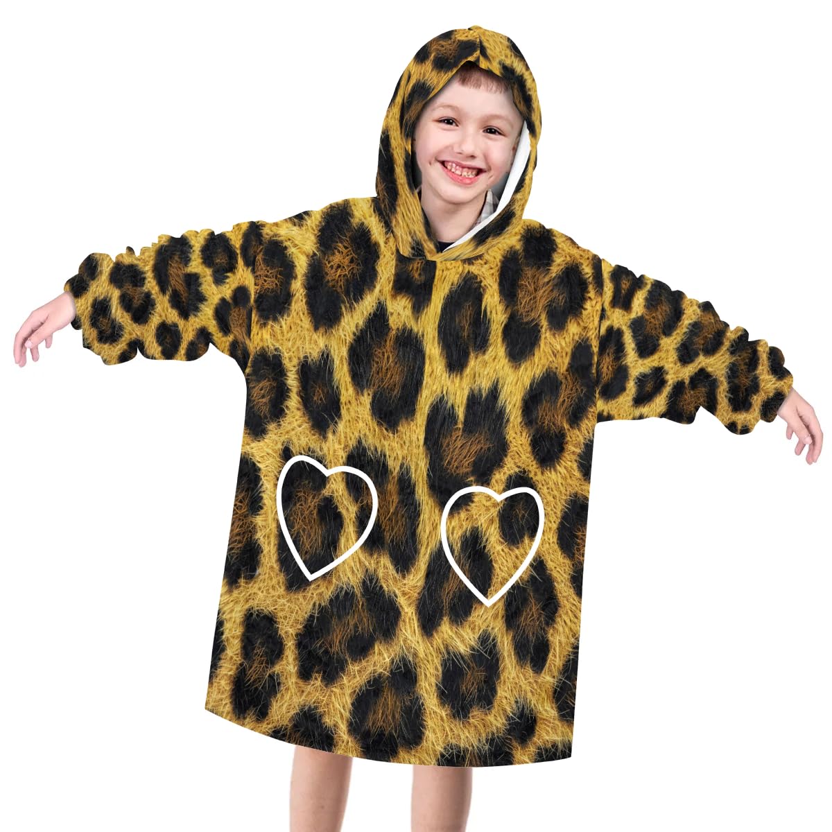 Pardick Wearable Blanket Hoodie for Kids, Leather Leopard Print Fleece Sweatshirt Blanket Oversized Blanket Sweatshirt with Pocket Flannel Warm Hooded Blanket 6-10 Year Old Girl Boy Gift, One Size
