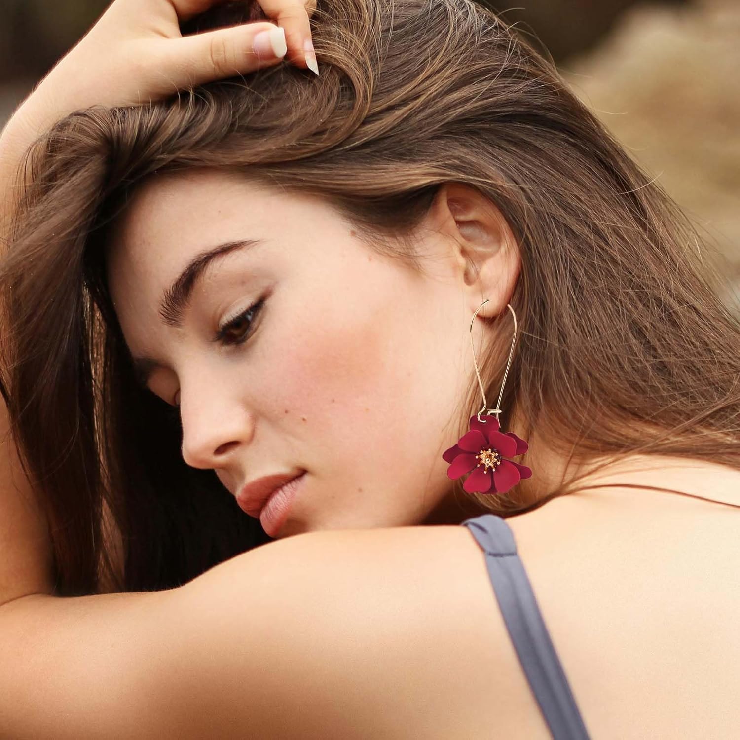 Flower Dangle Earrings, Floral Petal Drop Dangle Earrings Daisy Fairy Earrings for Women Chic Boho Wedding Jewelry for Christmas Valentines Day Graduation Engagement (Red) - Image 4