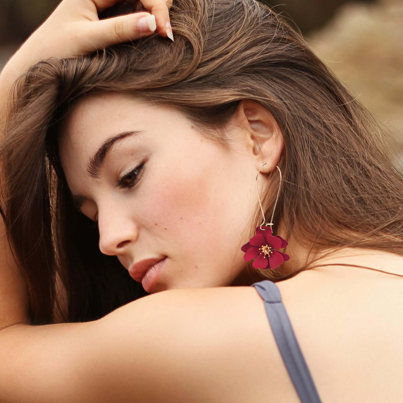 Pendientes Colgantes Flores Pétalos Florales Hada Margaritas Mujer Joyería Bohemio Rojo