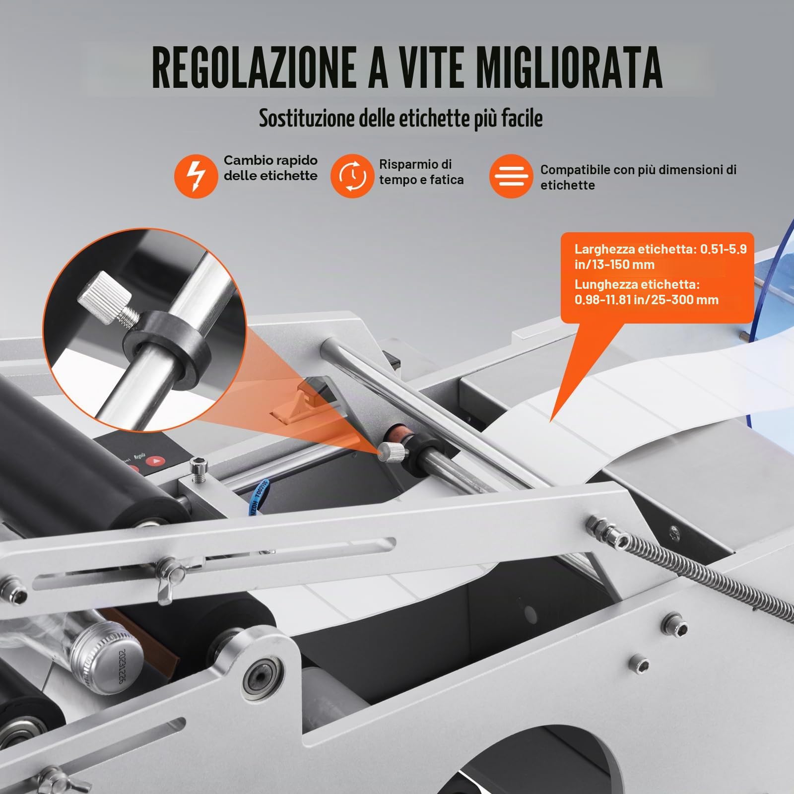 VEVOR Etichettatrice Semiautomatica per Bottiglia Rotonda, 20-50Pezzi/min, Applicatore di Etichette, Etichettatrice Regolabile Adatta per Bottiglie Larghezza Etichetta tra 13-150mm Lunghezza 25-300mm