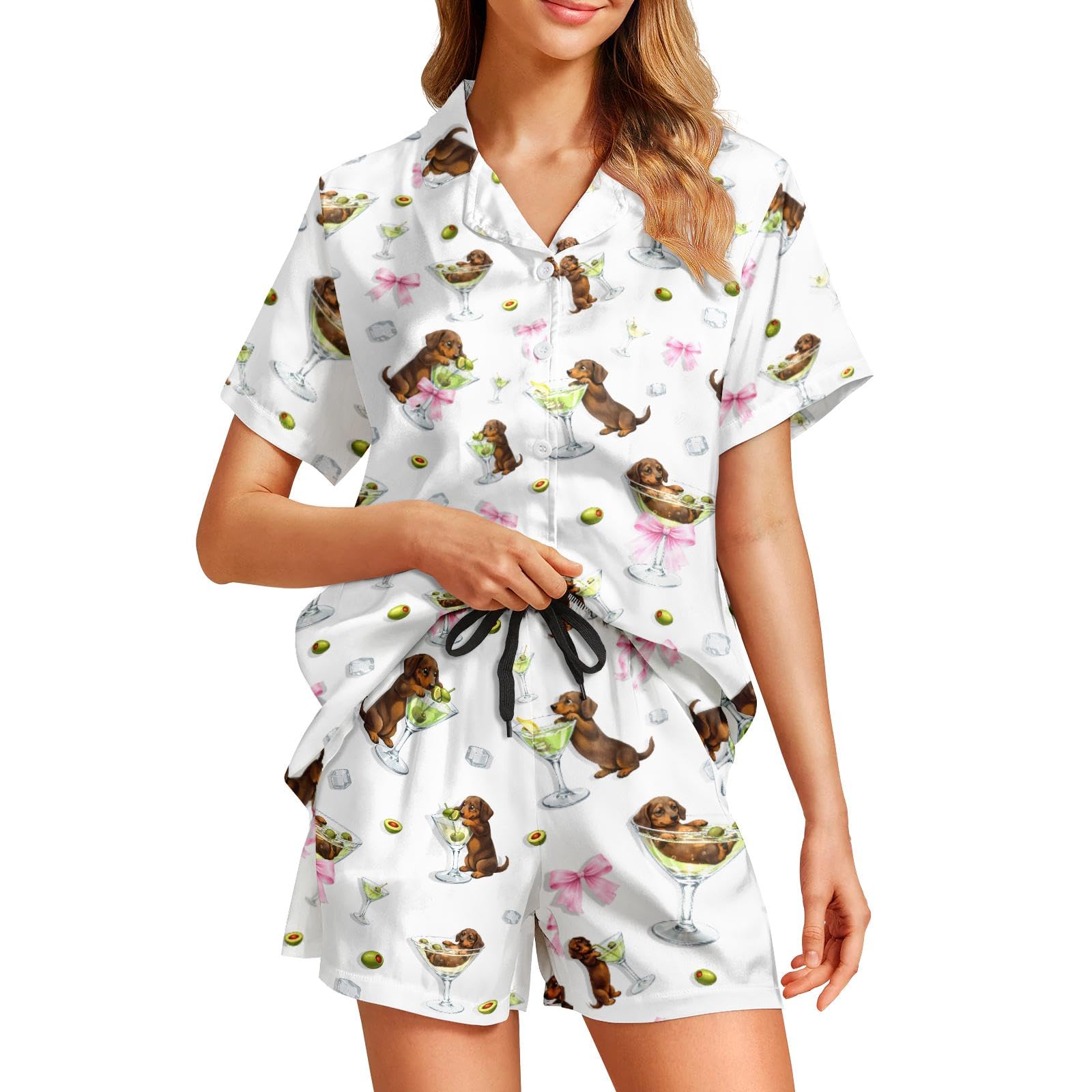 Funny Pajamas for Women Set Print Satin Loungewear Pjs Short Sleeve Button Down Top and Shorts Sets Sleepwear XS-3XL