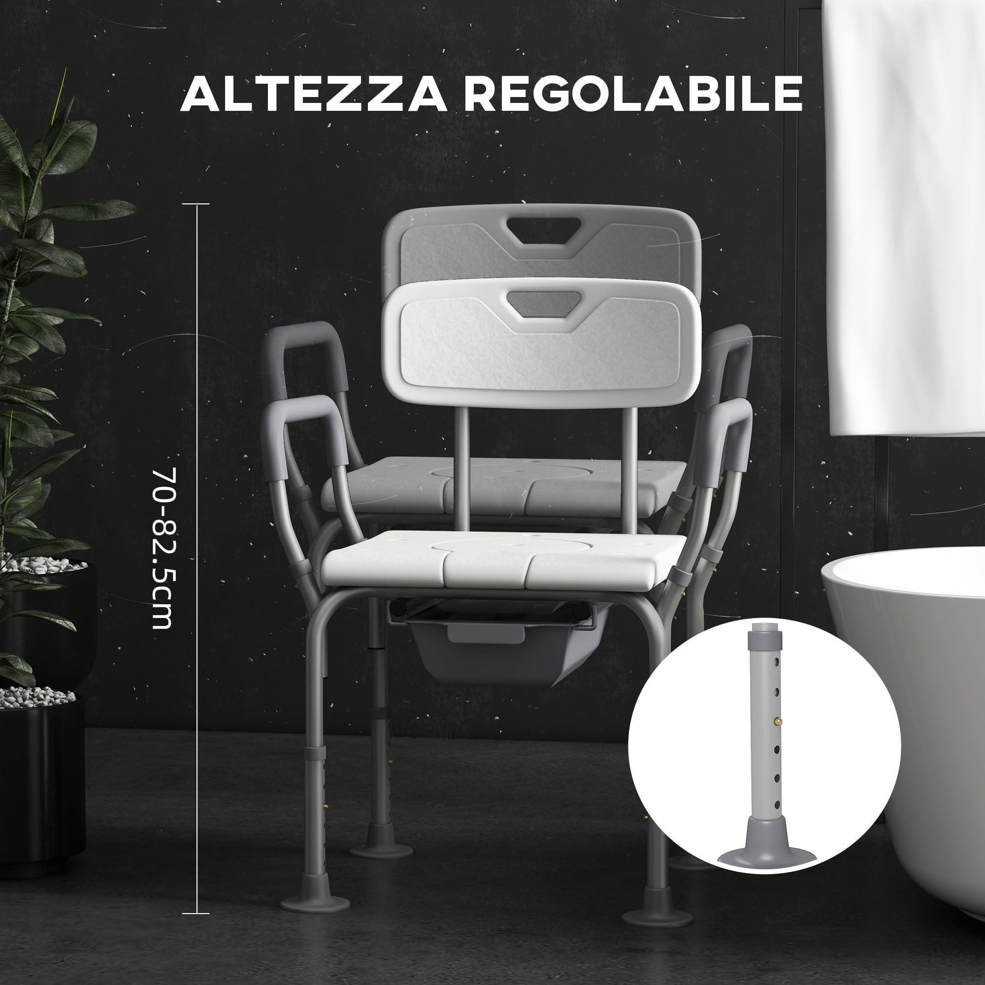 HOMCOM Sedia da Doccia 3 in 1 con Schienale e Braccioli, Sedia Comoda e Sedia WC con Altezza Regolabile e Piedini Antiscivolo, Bianco