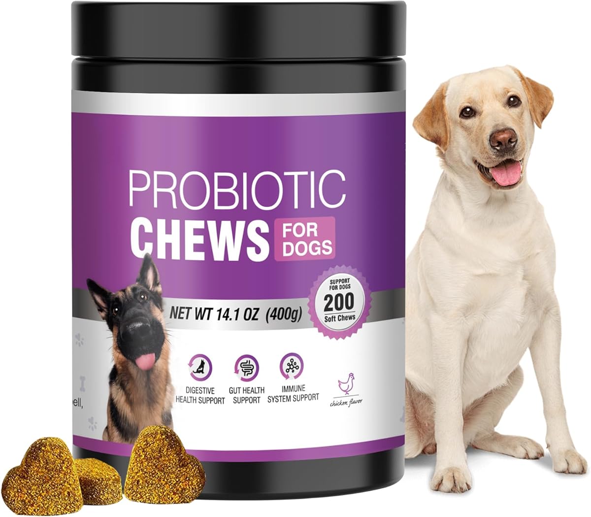 Probiotics for Dogs Dog Probiotic Chews and Digestive Enzymes Prebiotic Health Gut Itchy Skin Probioticos Itching Diarrhea Chew Supplements Canine Pet Prebiotics 200 Tablets Cheese Flavor