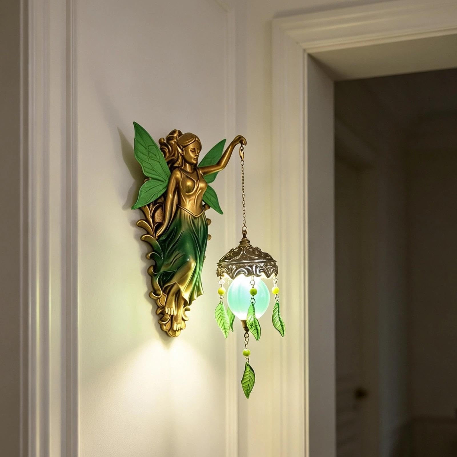 Elfenfigur Wandlampe,Engel Statue mit LED Hängelaterne,Meerjungfrau Wandleuchte Deko,Feen Wanddekoration für Wohnzimmer Schlafzimmer Flur Eingangsbereich Büro,Geschenkidee für Frauen(Stil 1)