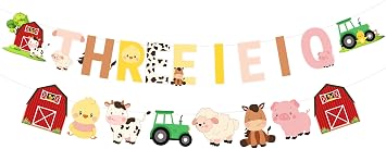Sursurprise Farm 3rd Birthday Decorations, THREE I E I O Farm Animals Banner for Barnyard Birthday Party Supplies