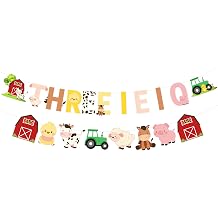 Sursurprise Farm 3rd Birthday Decorations, THREE I E I O Farm Animals Banner for Barnyard Birthday Party Supplies