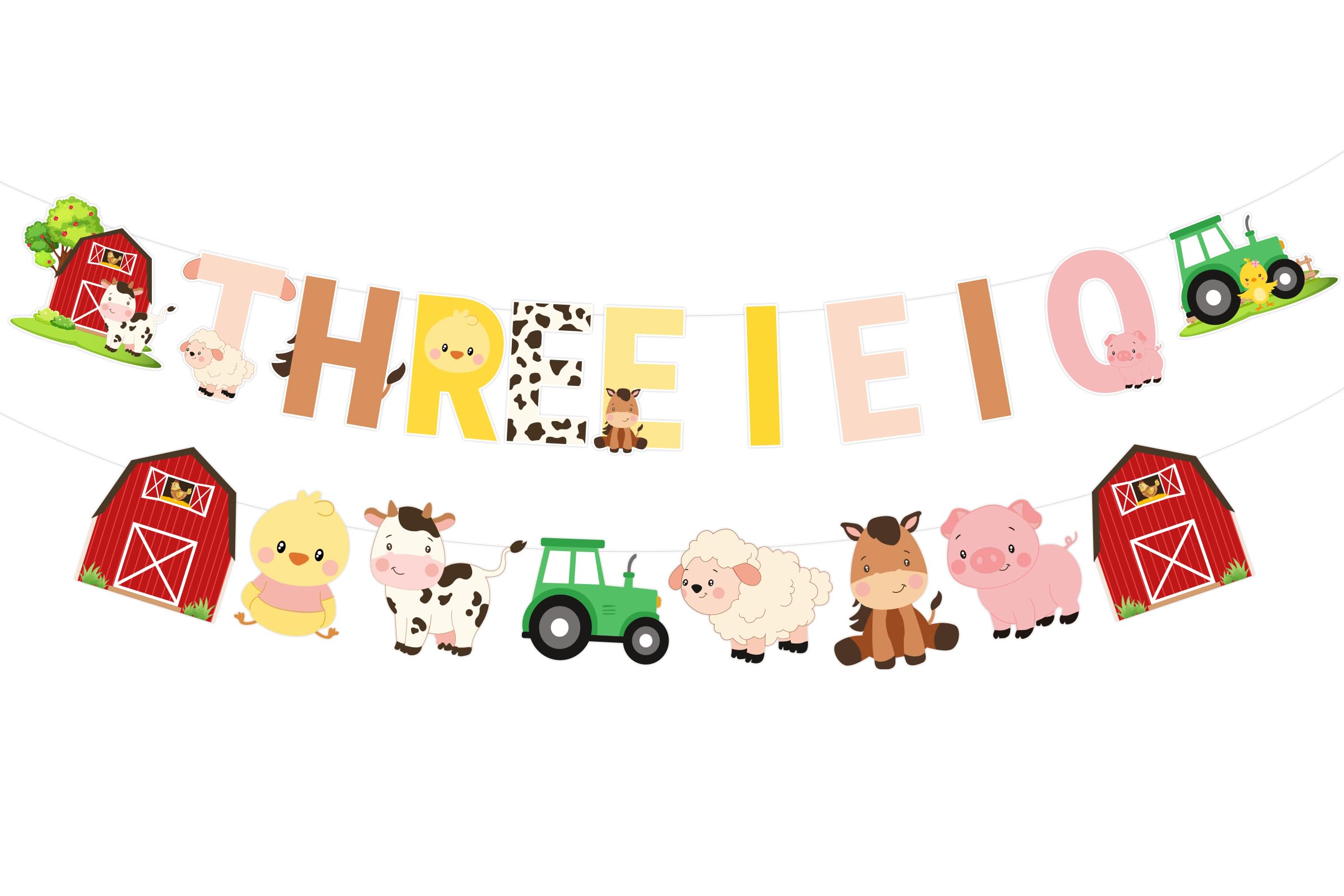 Sursurprise Farm 3rd Birthday Decorations, THREE I E I O Farm Animals Banner for Barnyard Birthday Party Supplies