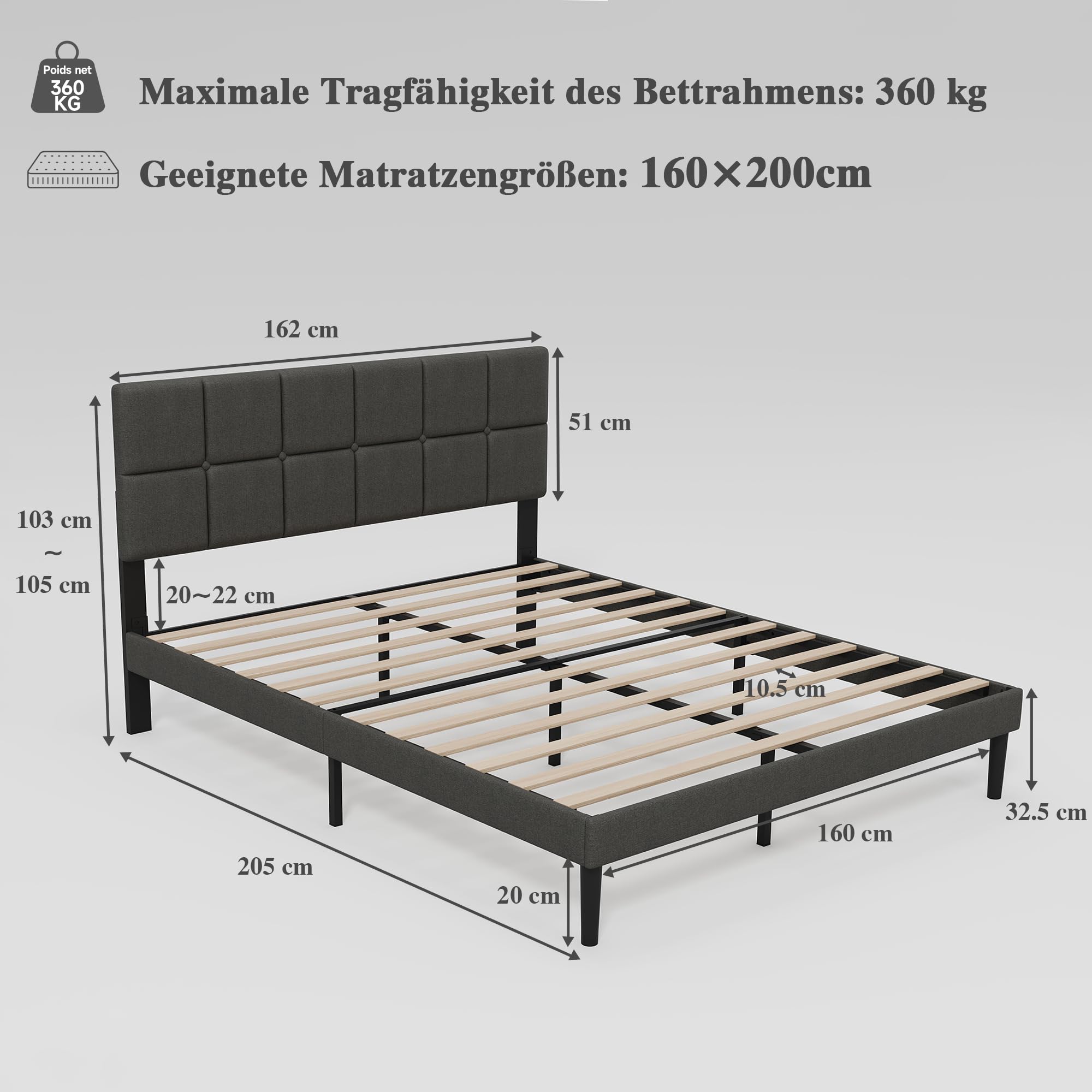Z-hom Marco de Cama Tapizada de 160 x 200 cm Camas de Matrimonio con Cabecero Regulable en Altura Estructura Estable con Listón de Madera