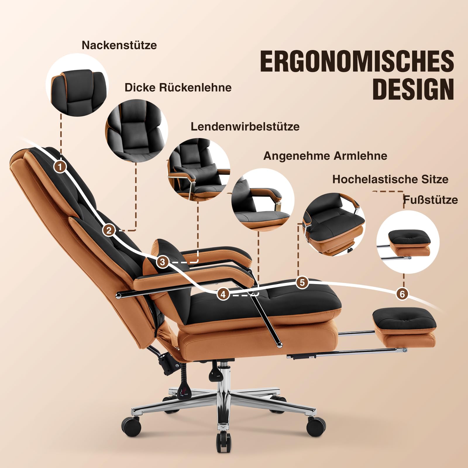 Bürostuhl Ergonomisch, PU Leder Chefsessel, Bürostuhl 200kg mit Fußstütze und Lendenwirbelstütze, Home Office Stuhl Verstellbarer Stuhl mit hoher Rückenlehne, Schwarz