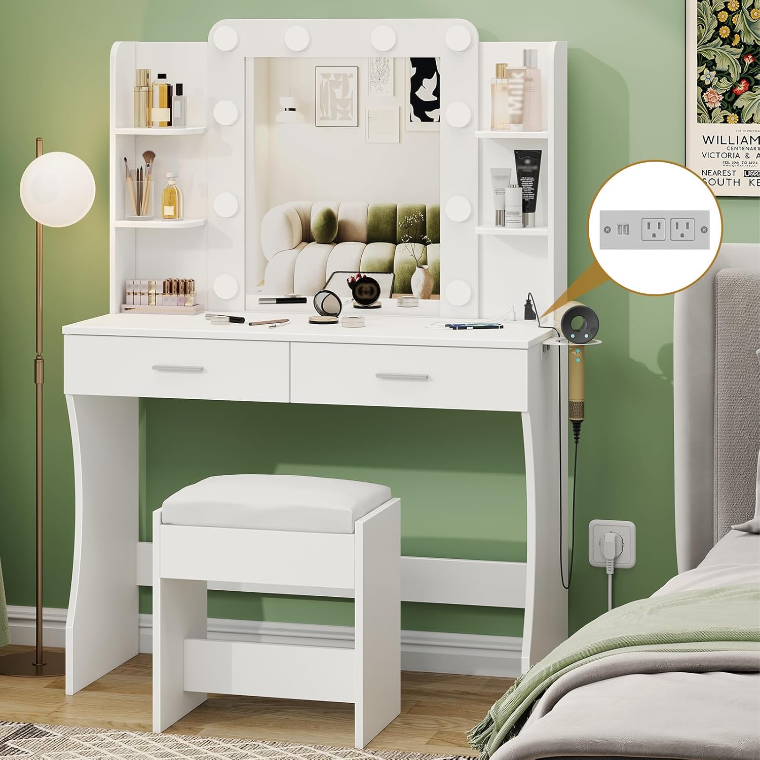 Halitaa Vanity Desk with Mirror and Lights, Makeup Vanity Table Set with 2 Drawers & Chair, 3 Lighting Modes & Adjustable Brightness Dressing Table with Power Outlet for Bedroom Dressing Room, White