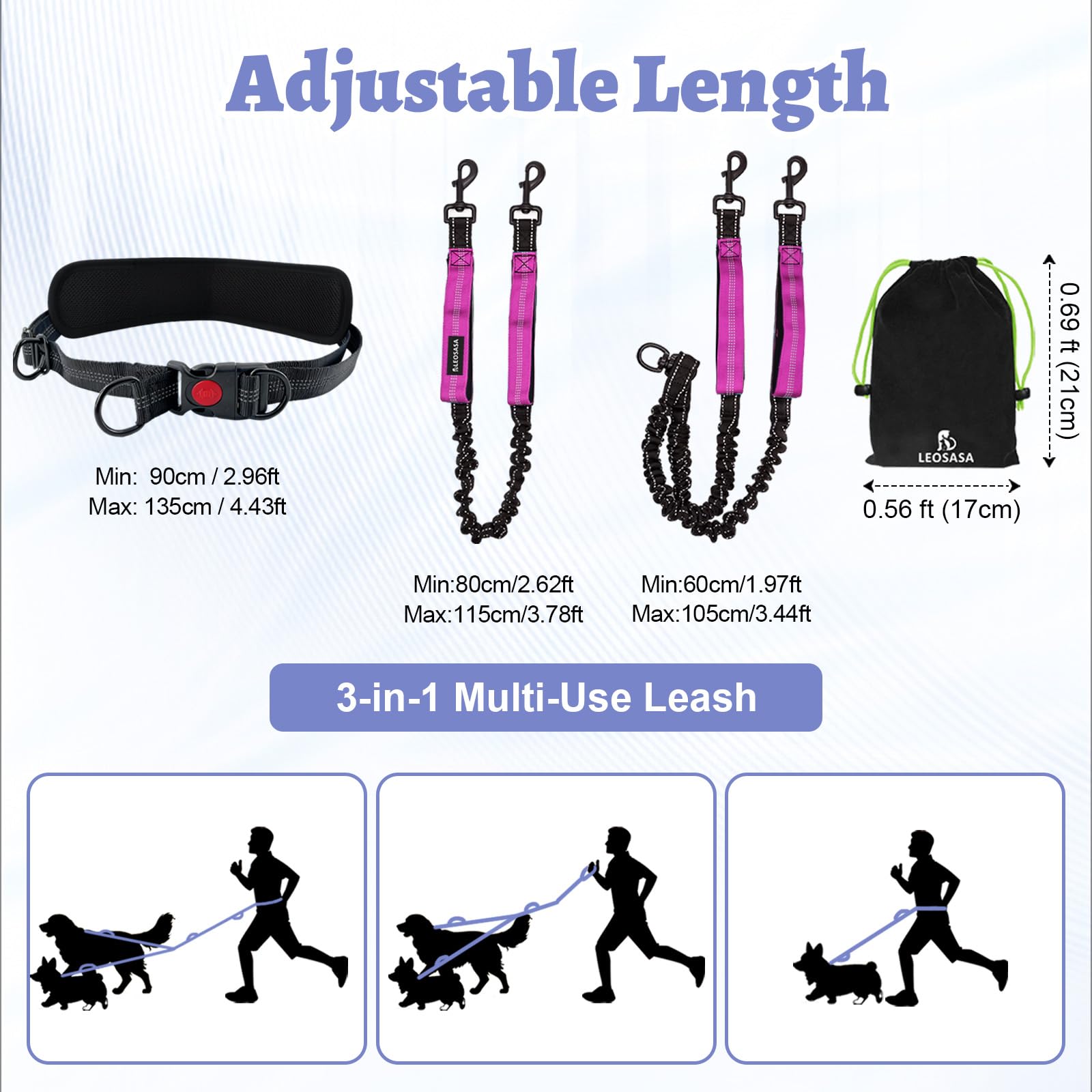 Hands Free Double Dog Leash for Two Dogs- No Tangle No Pull Dual Leash with Padded Adjustable Waist Belt & Reflective Stitching - Ideal for Running, Jogging, Hiking with Medium & Large Breeds - image 2