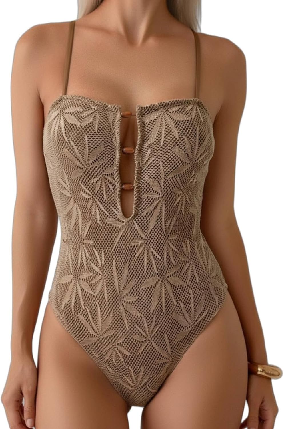 Women' s One Piece Swimsuit Cutout High Cut Bathing Suits with Beaded Boho Ribbed Hollow Out Swimwear Brown
