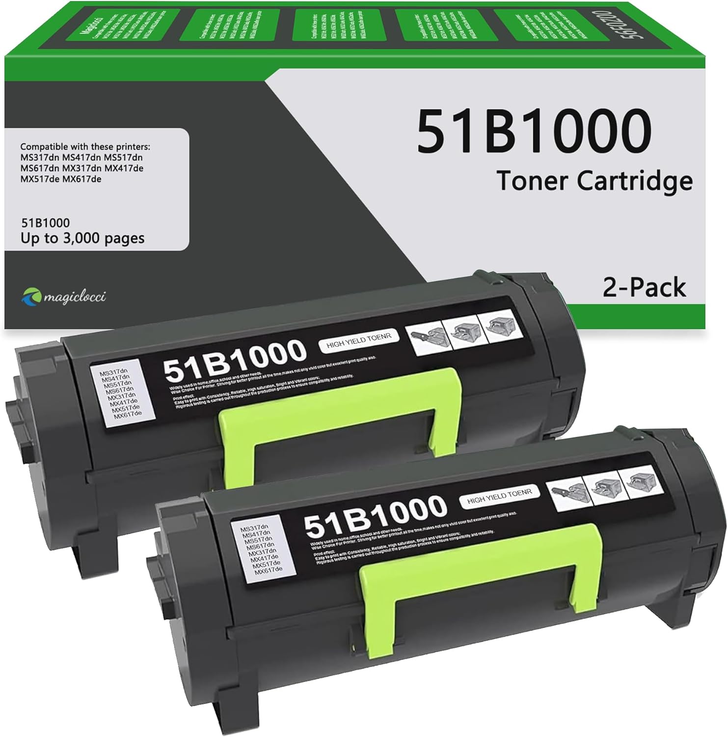 51B1000 High Yield Toner Cartridge Black (2-Pack, 3,000 Pages) Replacement for Lexmark 51B1000 Toner Cartridge MS317dn MX317dn MS417dn MX417de MS517dn MX517de MS617dn MS617de Printers