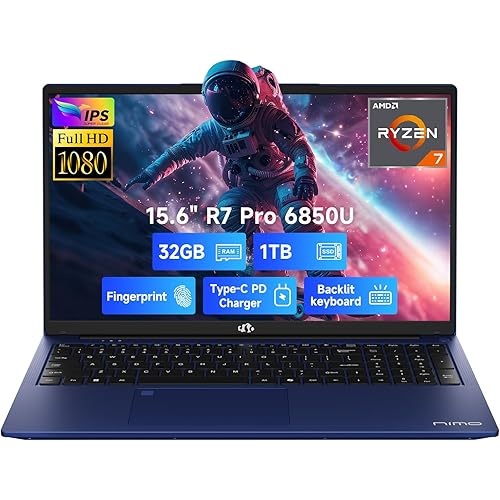NIMO 15.6" FHD Light-Gaming-Laptop, 8 Cores AMD Ryzen 7 Pro 6850U 32GB LPDDR5 RAM 1TB SSD (Beat i7-1360P Up to 4.7GHz) GPU AMD Radeon 680M IPS Computer with 100W Type-C Backlit Keyboard Fingerprint