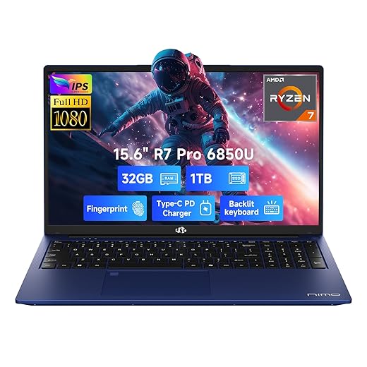 NIMO 15.6" FHD Light-Gaming-Laptop, 8 Cores AMD Ryzen 7 Pro 6850U 32GB LPDDR5 RAM 1TB SSD (Beat i7-1360P Up to 4.7GHz) GPU AMD Radeon 680M IPS Computer with 100W Type-C Backlit Keyboard Fingerprint