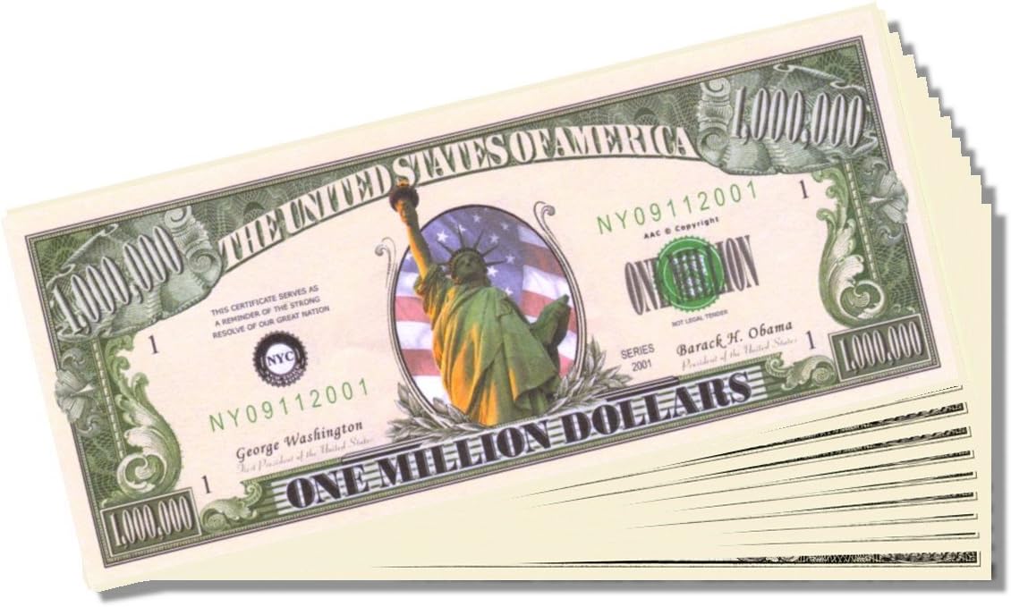 Lady Liberty Novelty Million Dollar Bill - Set of 100 with 1 Bonus Christopher Columbus Bill