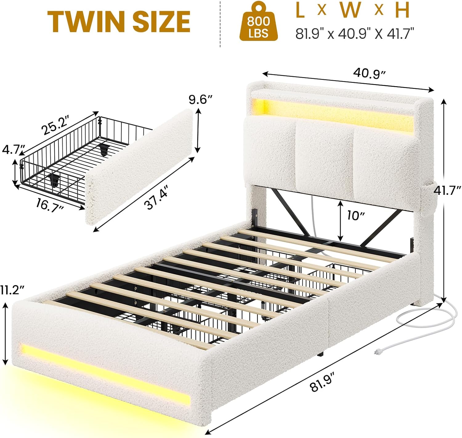 Overall dimensions of the twin bed frame, showing length, width, and height, with a weight capacity of 800 lbs.