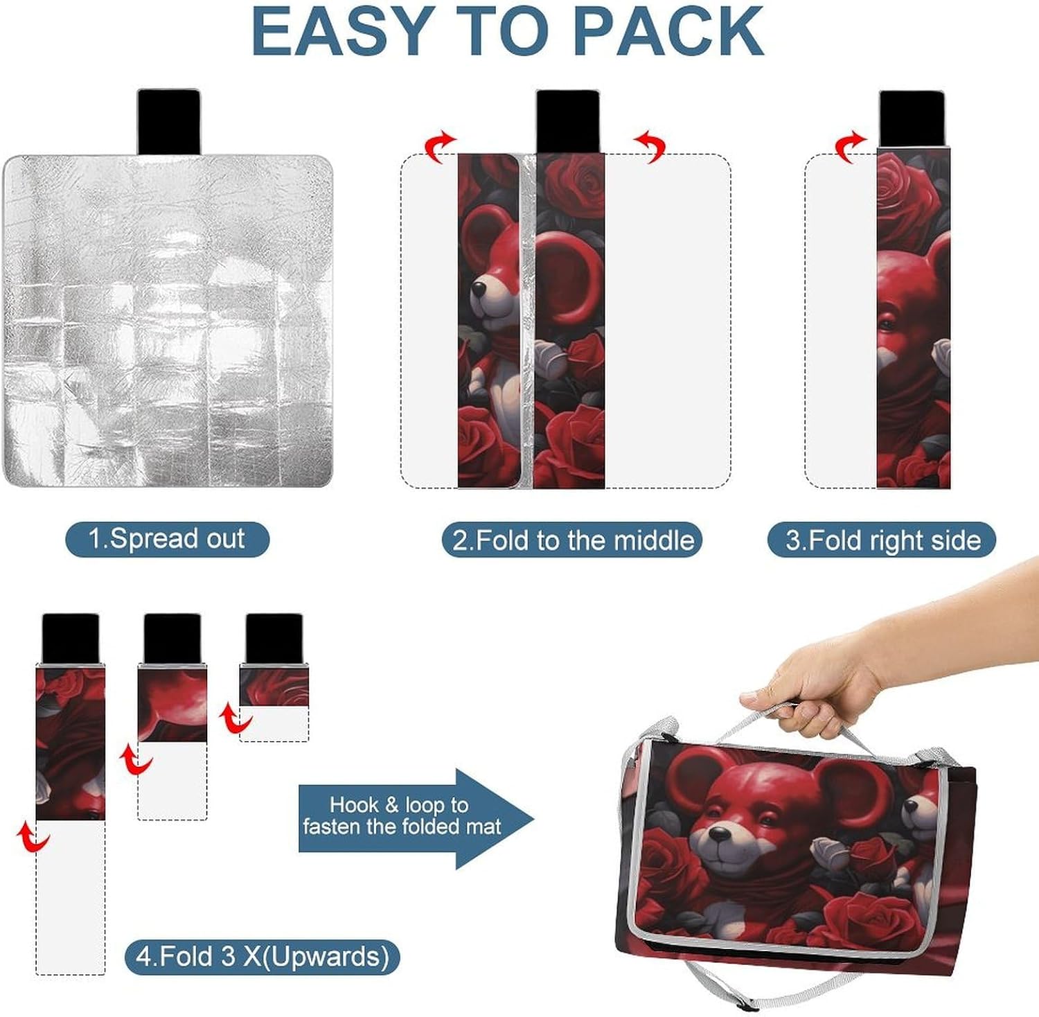 Bear Among The Roses Waterproof Picnic Blanket 58.3''x58.3'',Portable and Foldable Picnic Mat with Handle,Outdoor Blankets for Lawn Park Beach Travel