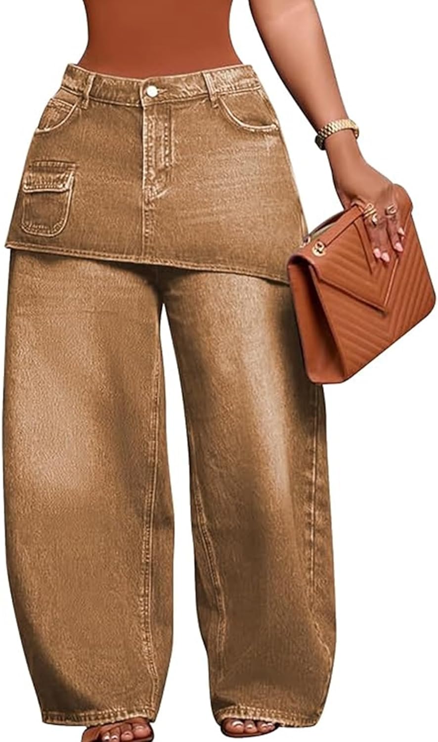 Vakkest Women’s Overlay Denim Pants High Waist Asymmetrical Jeans Wide Leg Baggy Cargo Trousers Y2K Vintage Streetwear